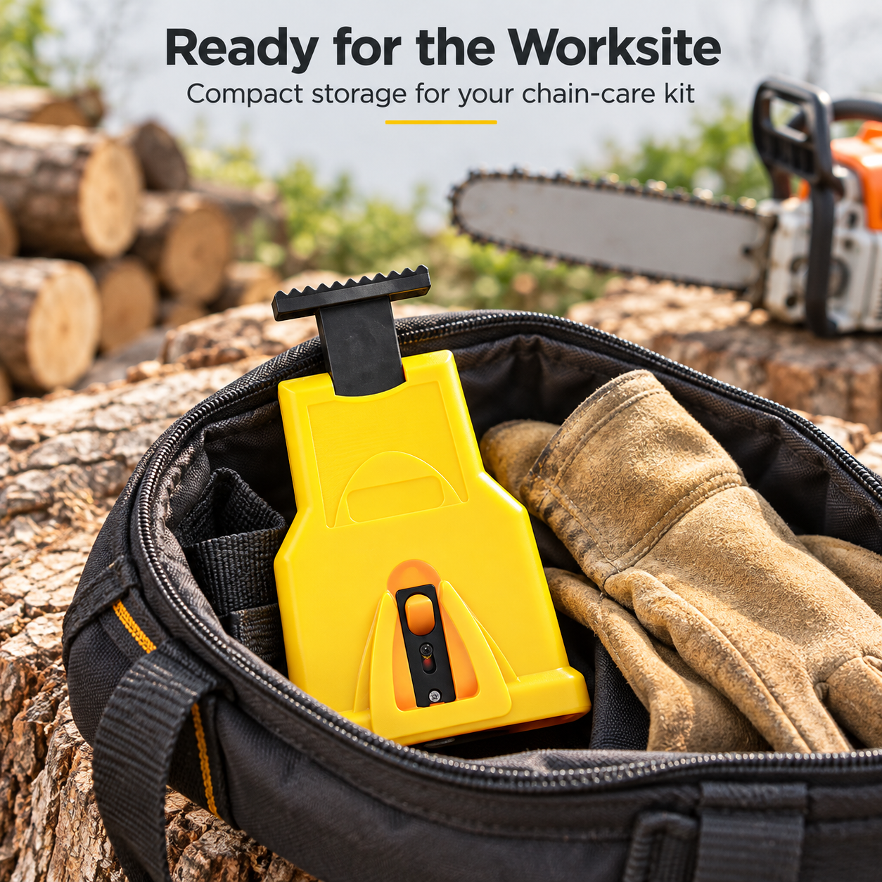 Compact chainsaw sharpener stored with outdoor work tools