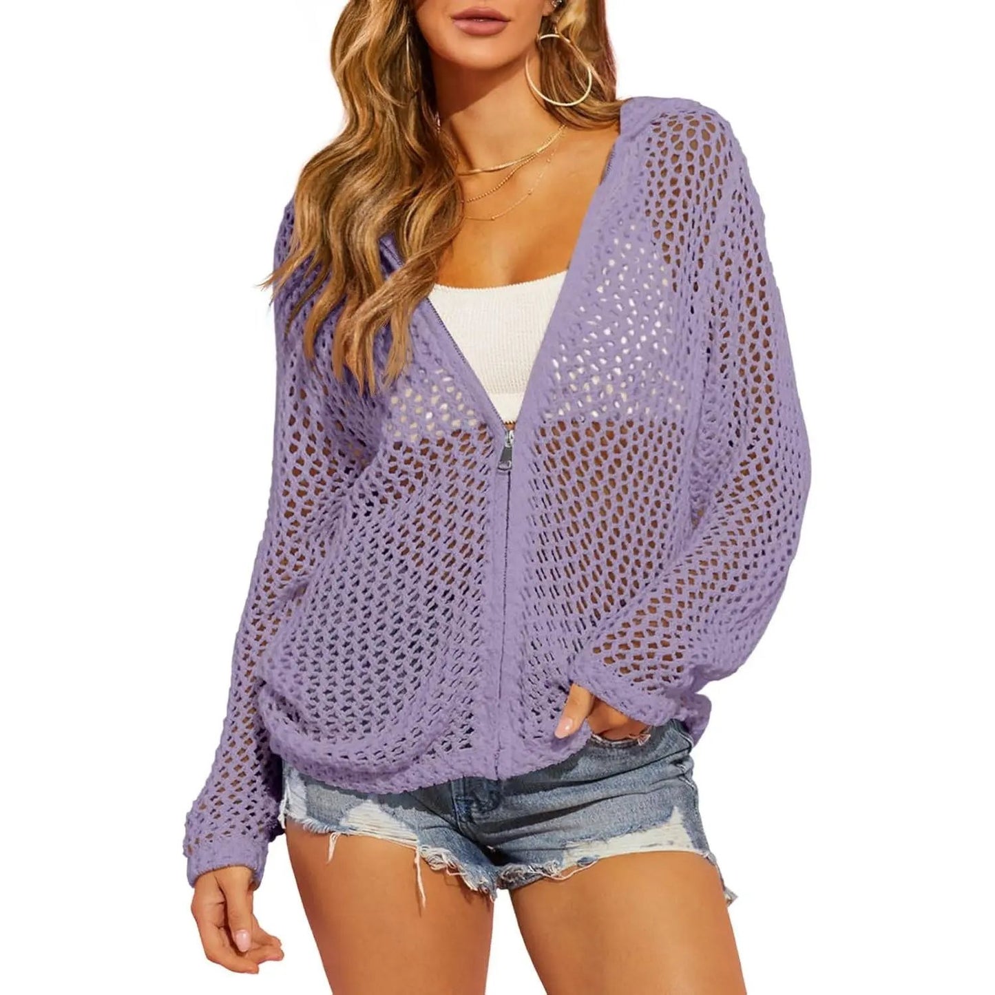 Women's Crochet Lightweight Cardigan Zip Up