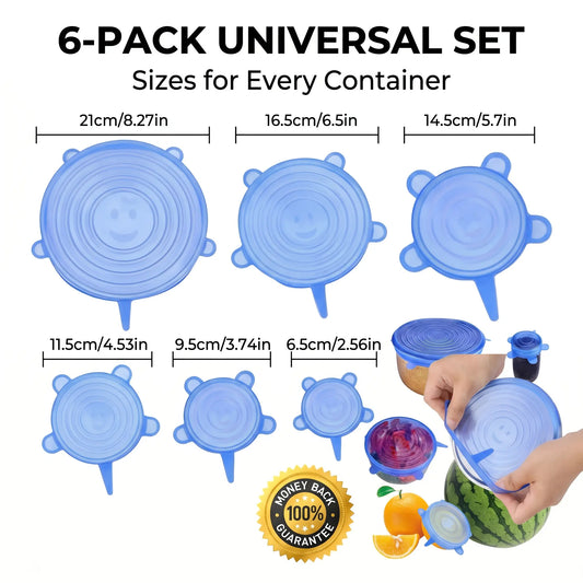 Universal Reusable Silicone Lids – 6-Pack Self-Sealing Food Covers for Various Container Sizes