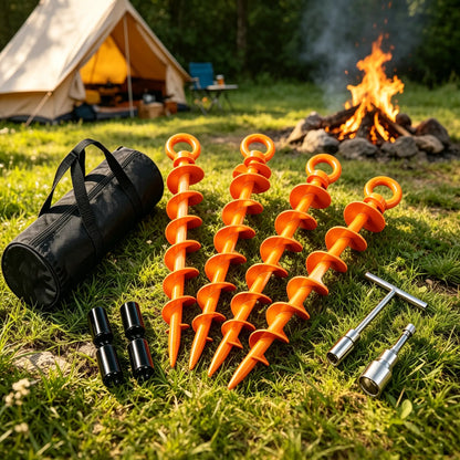 Heavy Duty Spiral Blade Ground Anchor Kit, 4-Pack 15-Inch Solid Steel Stakes for Tents, Carport, Garden Sheds, Multi-Purpose Full Spiral Blade Design, Easy Installation, High Load Bearing, Deep Soil Grip, Anti-Loosen