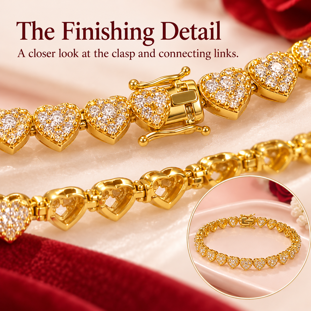 Detailed close-up of the bracelet's gold-tone clasp, connecting links, and heart-shaped stones