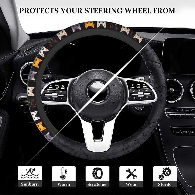 Supplier illustration comparing a steering wheel with a cute cat cover and an uncovered worn steering wheel