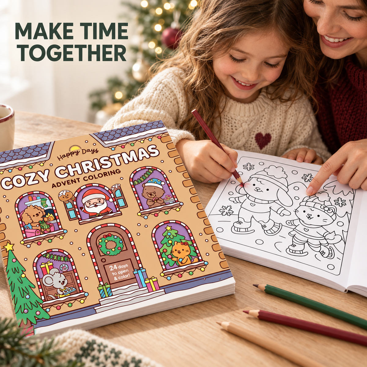 🎄✨Happy Days‑Cosy Christmas Advent Colouring Book | Hardback Edition | 24 Sealed Daily Surprise Sections | All‑Ages Screen‑Free Festive Activity