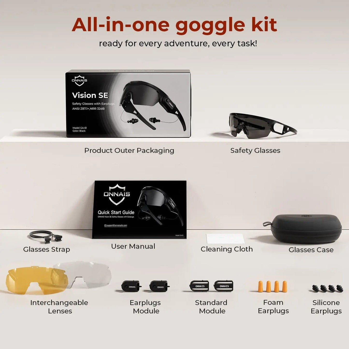 ⚡Hot Sales 49% OFF🔥ANSI Z87.1 Certified Anti-Fog Safety Goggles with Built-in NRR 32dB Noise Reduction Plugs, 3 Interchangeable Lenses, UV400 Sun Block