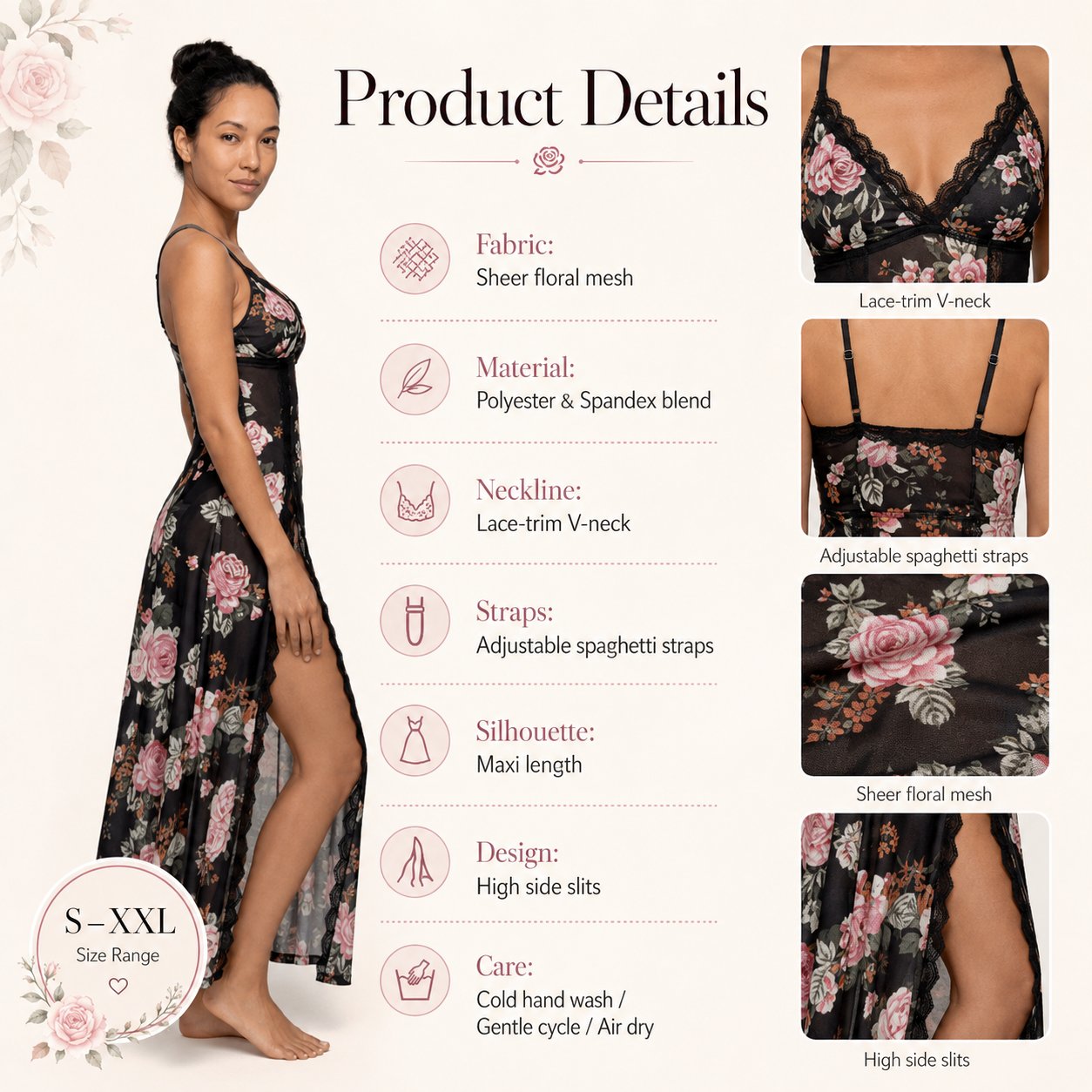 Sheer Floral Rose Print Maxi Dress