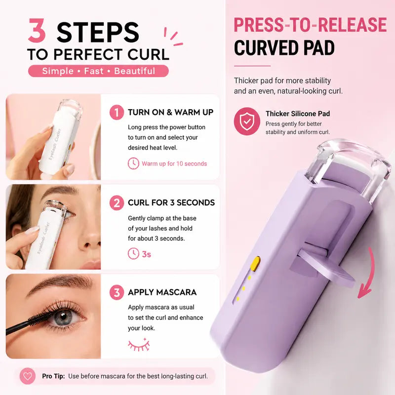 Heated Eyelash Curler, USB Rechargeable Electric Lash Curler with 3 Temperature Settings