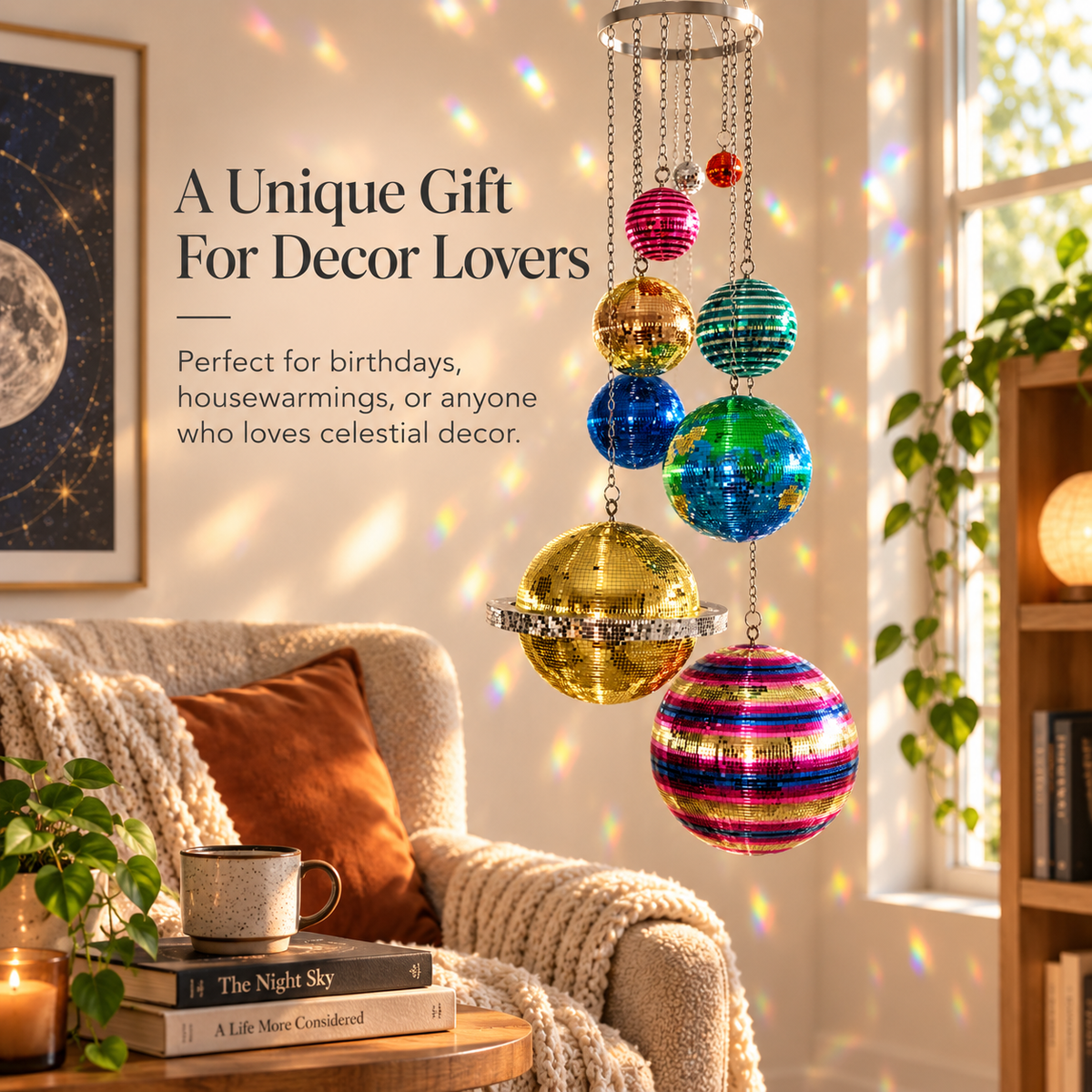 🌈 Solar System Disco Ball Hanging Mobile – Colorful Reflective Celestial Room Decor