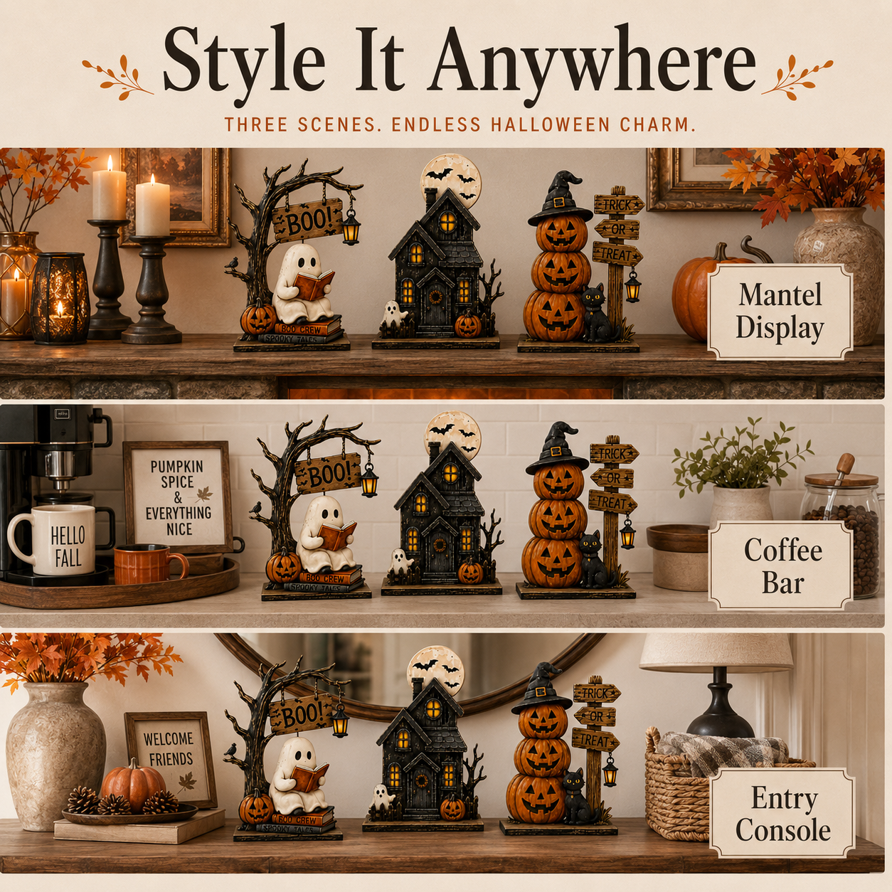 3-Piece Halloween Decor Set – Ghost, Haunted House & Pumpkins