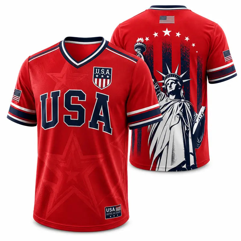 🇺🇸 USA Patriotic Soccer Jersey | American Flag & Statue of Liberty V-Neck Sports Tee 🗽⚽
