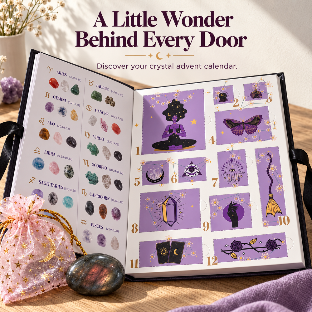Open crystal advent calendar showing 12 numbered compartments and crystal guide