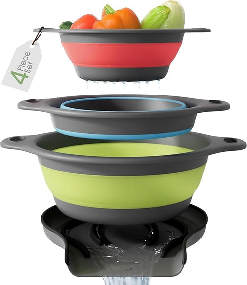 Collapsible Colanders 3-Pack Sturdy Kitchen Strainer Set, Compact with Over-Sink Self-Drainage Base