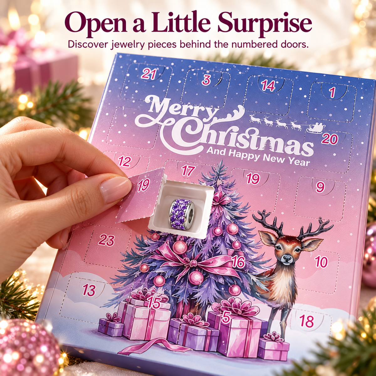 Opening a numbered door on the pink purple Christmas jewelry advent calendar