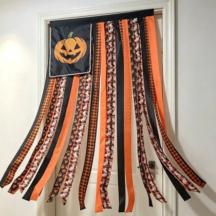 🎉Halloween Banner Flag Pre-Lit Pumpkin Fabric Ribbon Garland Streamers