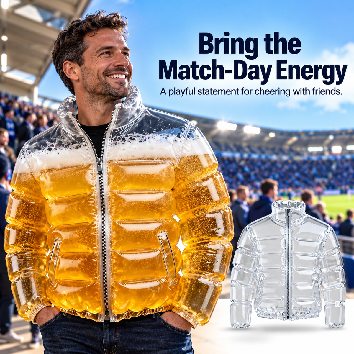Men’s Fun Beer-Themed Inflatable Down Jacket – Costume for Parties and Carnivals, Transparent Version