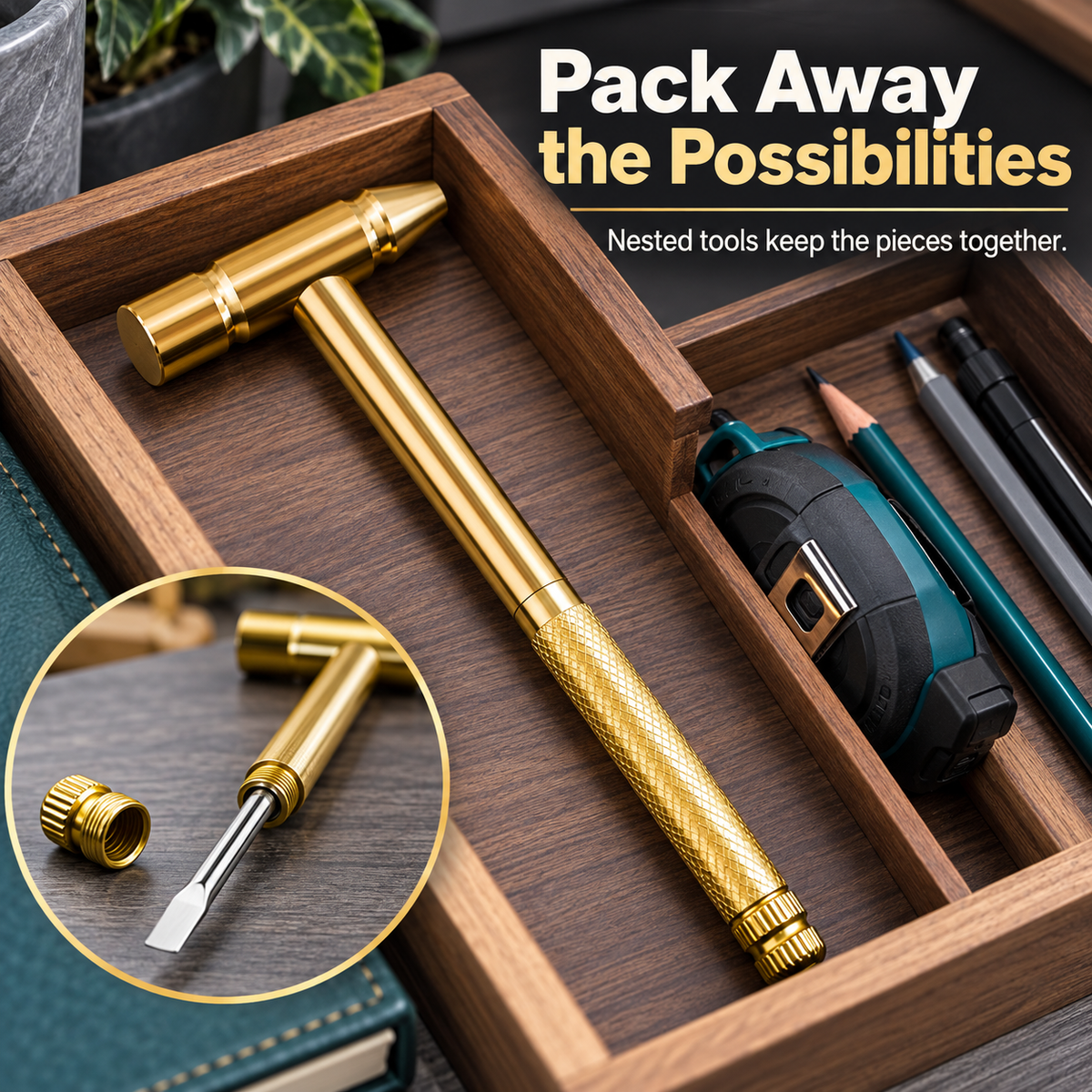 ✨ Golden Portable Multi-Tool Hammer with Nested Screwdriver Bits, Knurled Non-Slip Grip Mini Repair Hand Tool