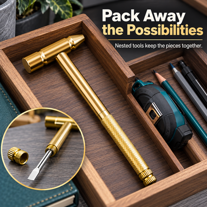 ✨ Golden Portable Multi-Tool Hammer with Nested Screwdriver Bits, Knurled Non-Slip Grip Mini Repair Hand Tool