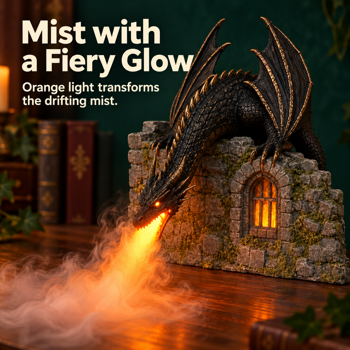Close-up of the dragon breathing illuminated orange mist in front of the castle wall