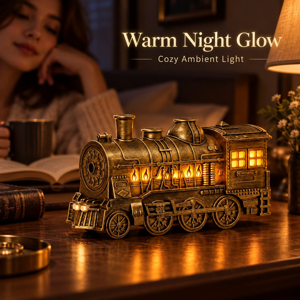 Vintage Steam Train Aromatherapy Diffuser with Simulated Flame Light Decor