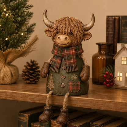 Festive Highland Cow Shelf Sitter – Rustic Christmas Home Decor