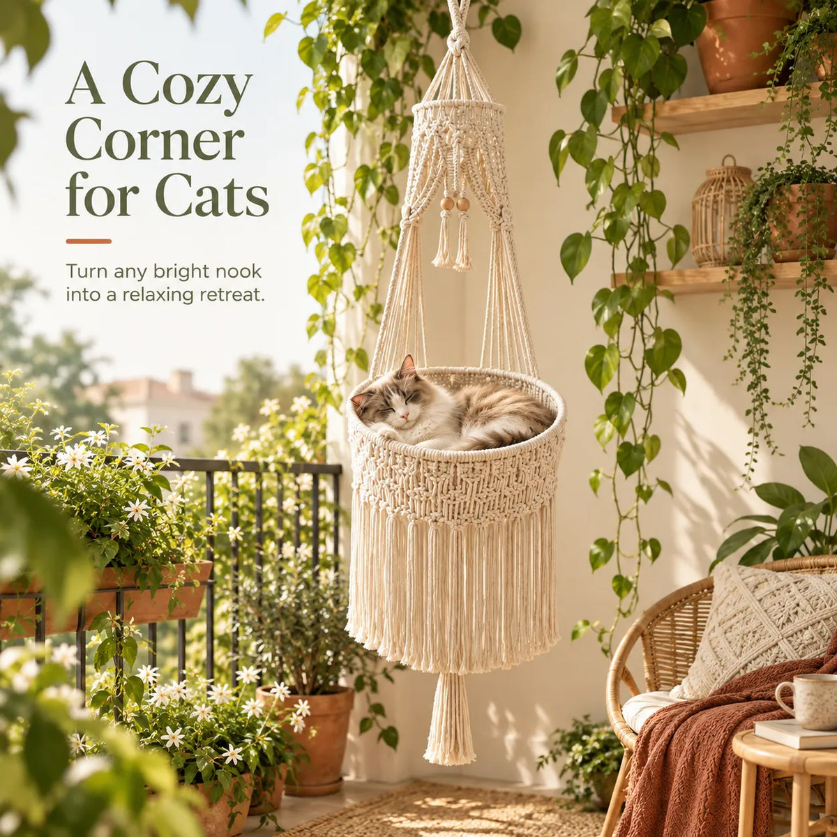 Handmade Cotton Rope Hanging Cat Hammock & Artistic Swing Nest Boho Suspended Cat Bed for Window, Wall & Home Decor