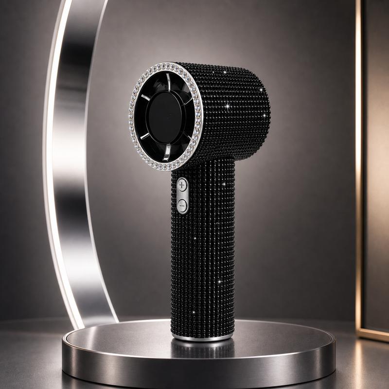 💎 Full Diamond Handheld Fan | Digital Display & Adjustable Speed