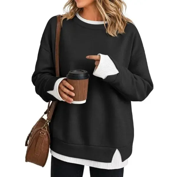 Women Crew Neck Fake Two Piece Striped Patchwork Drop Shoulder Oversized Sweatshirt