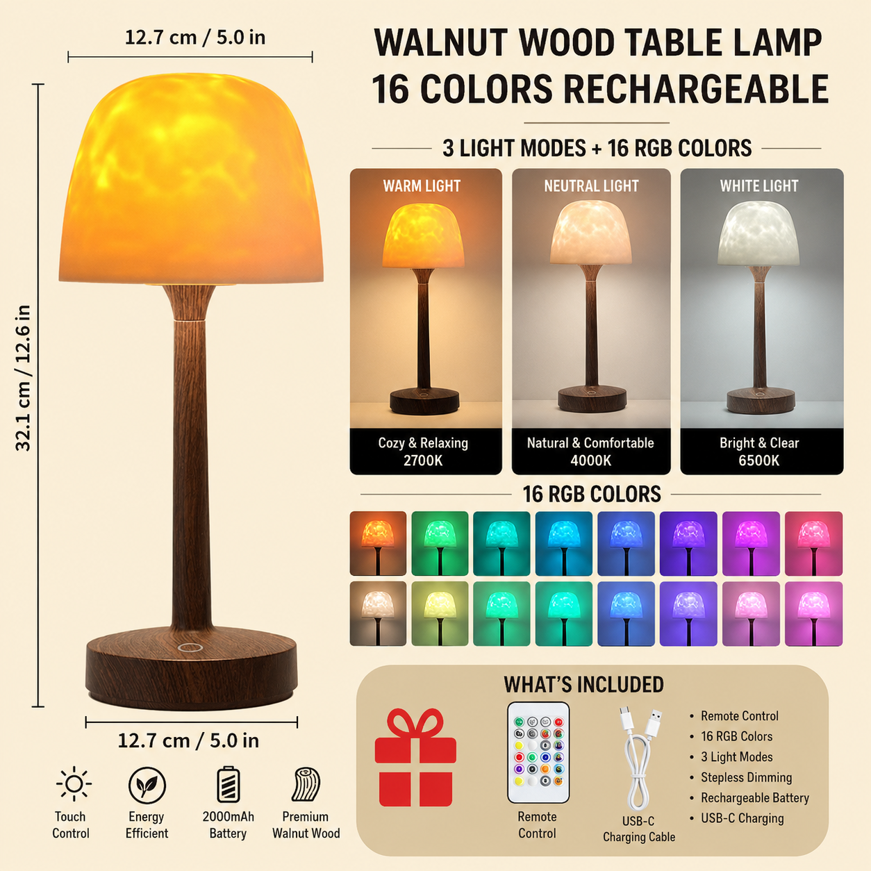 🌊 Ocean Ripple Projector Lamp, 2-in-1 Aurora Night Light with 16 Colors USB-C Rechargeable Mood Lamp