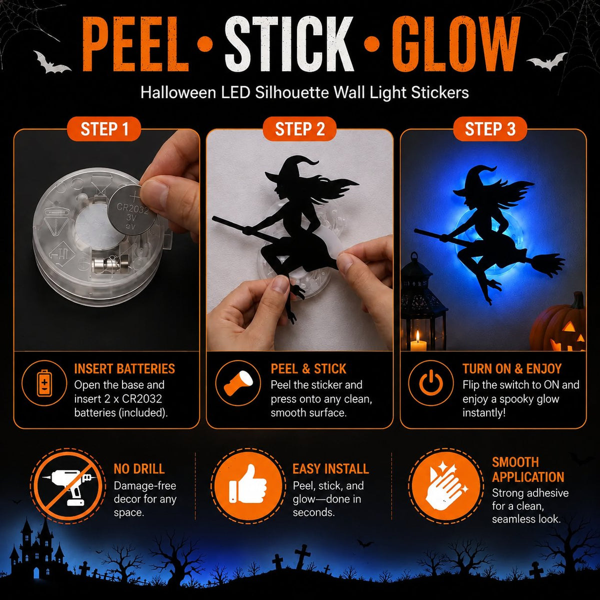 🔥Last Day 50% OFF - 🎃8 Pack Halloween LED Silhouette Wall Light Stickers, Battery Powered Peel & Stick Decor Lights
