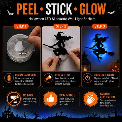🔥Last Day 50% OFF - 🎃8 Pack Halloween LED Silhouette Wall Light Stickers, Battery Powered Peel & Stick Decor Lights