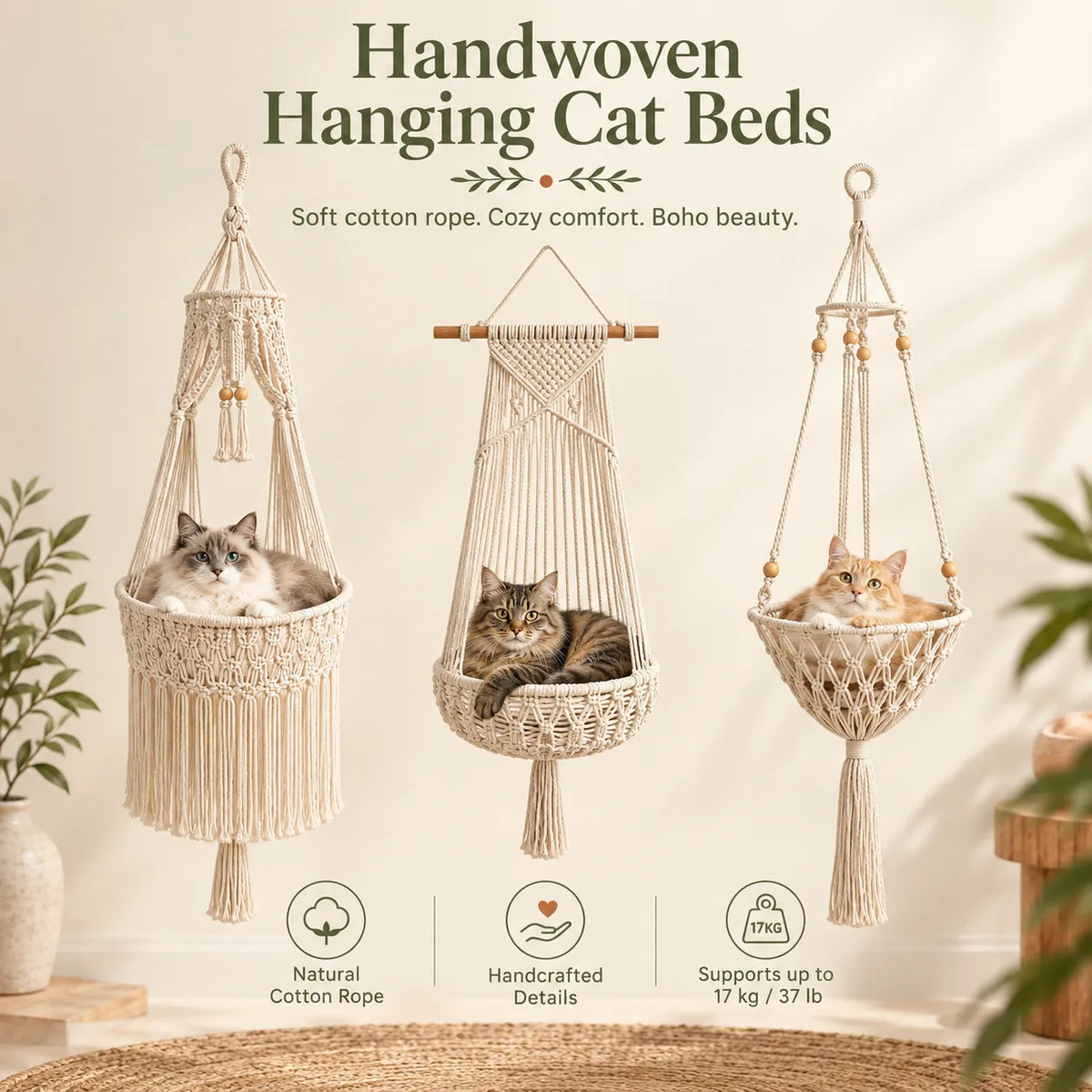 Handmade Cotton Rope Hanging Cat Hammock & Artistic Swing Nest Boho Suspended Cat Bed for Window, Wall & Home Decor