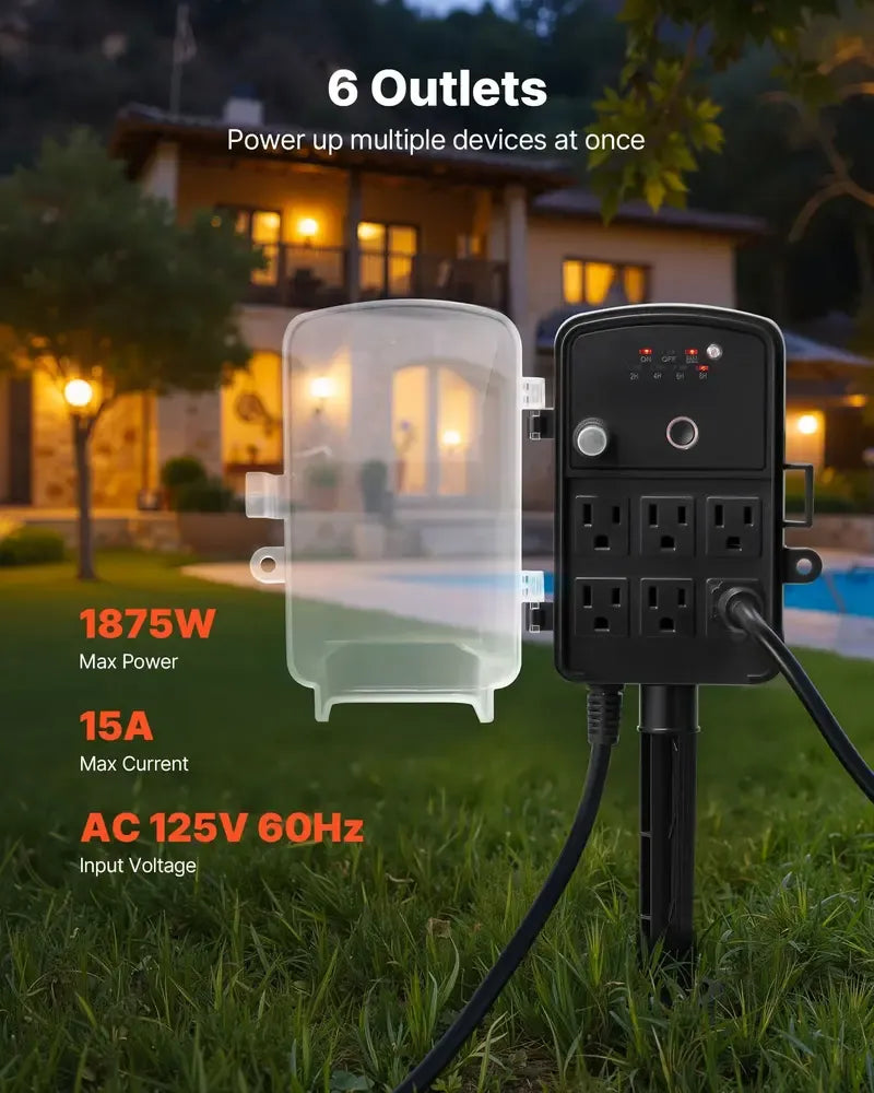 Outdoor Power Stake with 25FT Extension Cord – Weatherproof Outlet Strip with Protective Cover – Remote Control & Dusk to Dawn Light Timer for Christmas Lights 🏡✨