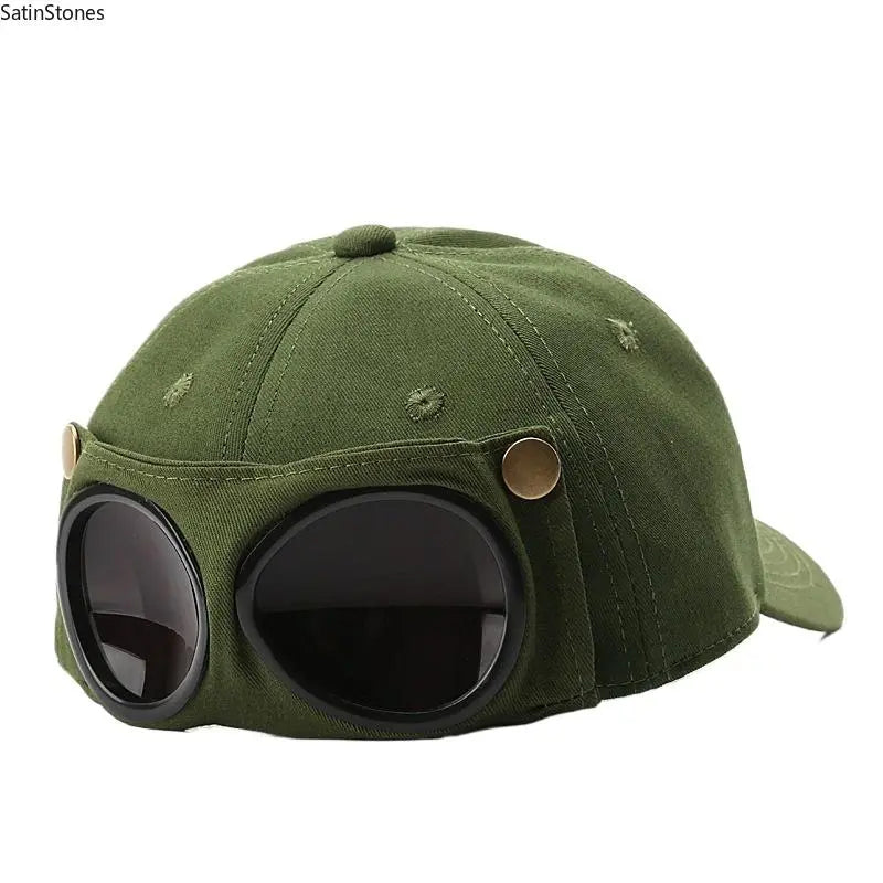 🪖 Tactical Aviator Goggles Cap for Men & Women 🥽 Washed Cotton Pilot Glasses Baseball Hat