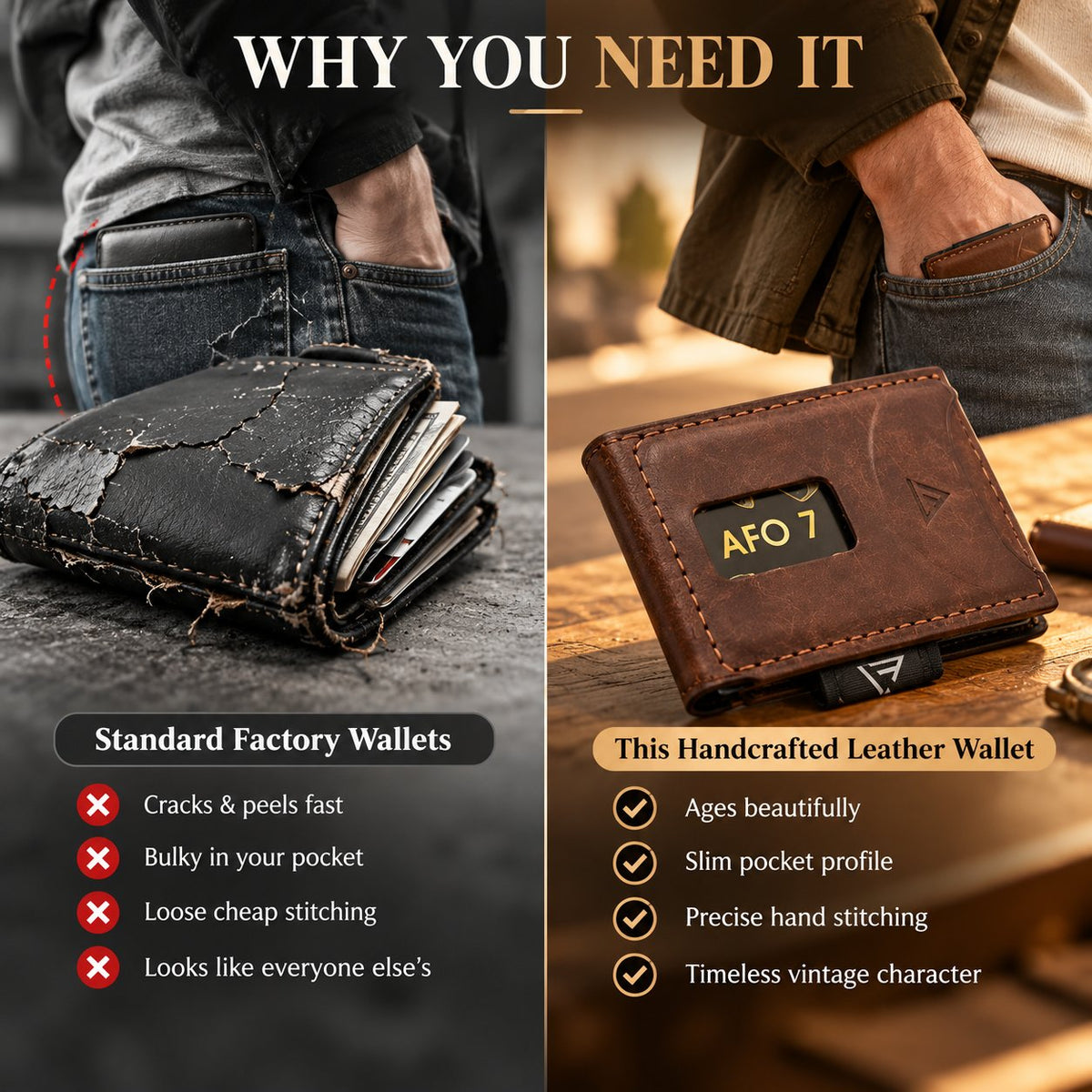 👝 Vintage Stitched Leather Wallet | Built-in AirTag Slot