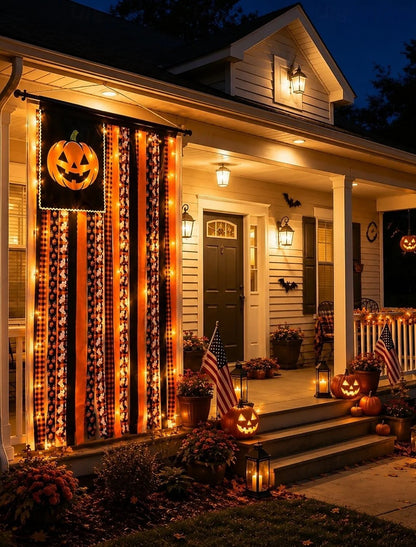 🎉Halloween Banner Flag Pre-Lit Pumpkin Fabric Ribbon Garland Streamers
