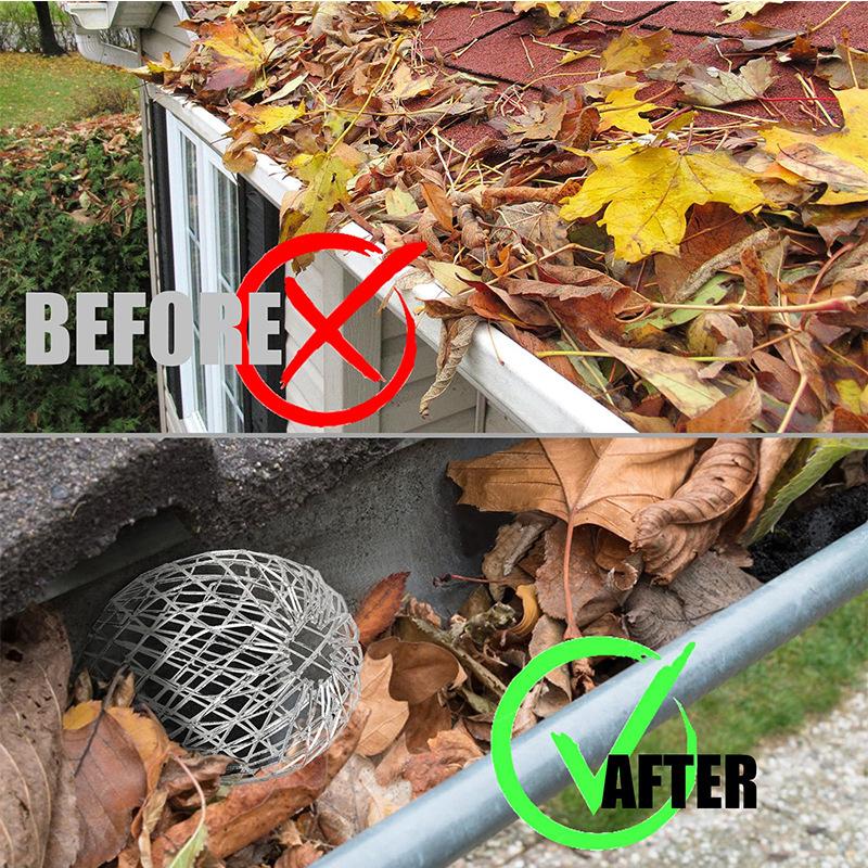 Before and after gutter leaf protection using aluminum downspout strainer
