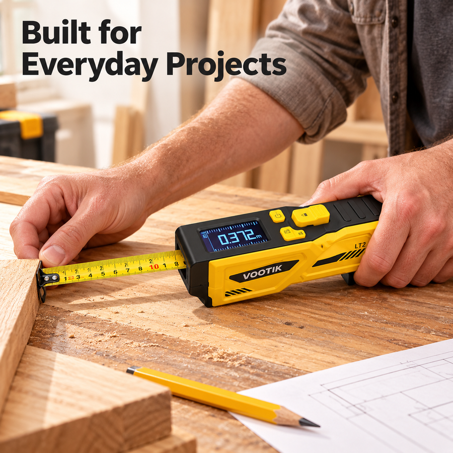 Using the VOOTIK digital tape measure to measure a wooden board