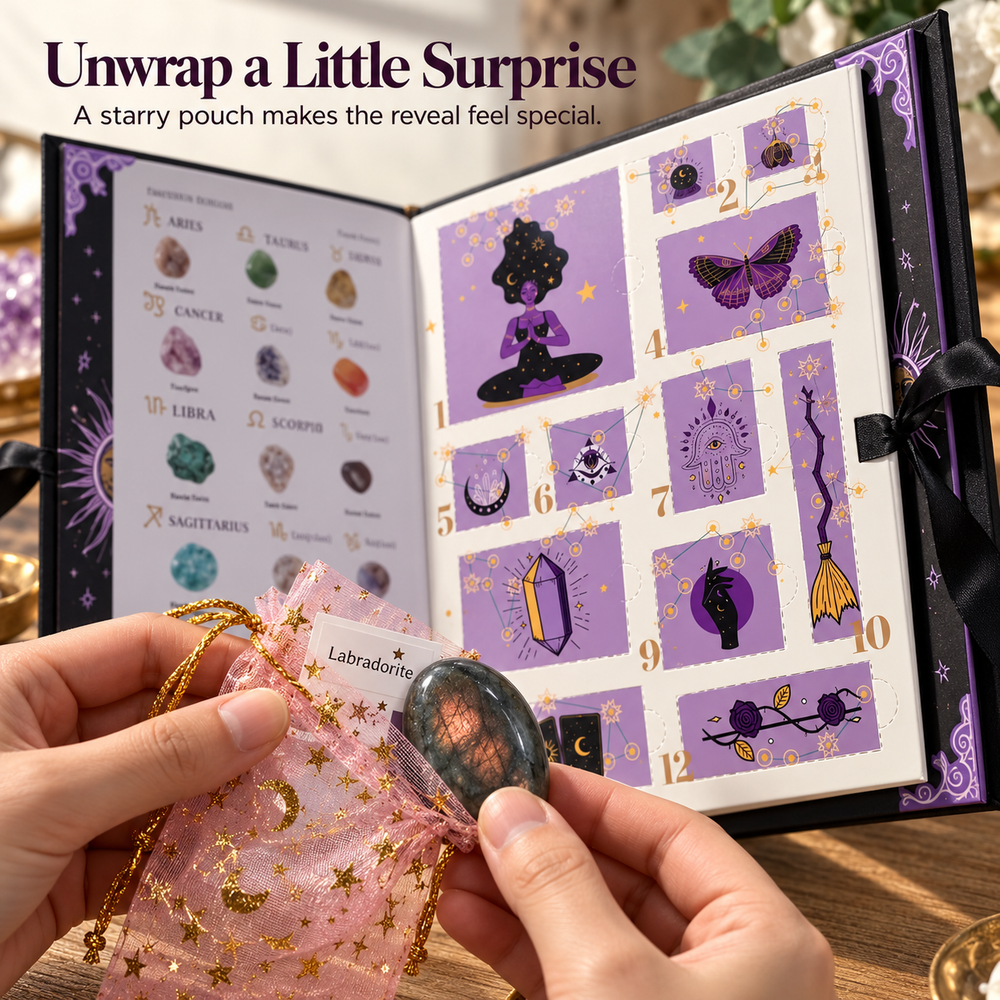 Hands opening the crystal countdown calendar and discovering a stone