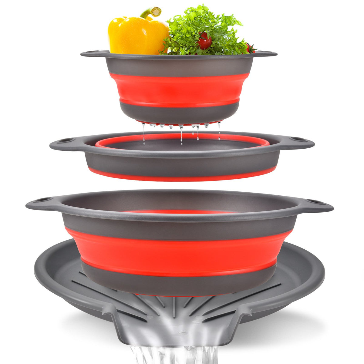 Collapsible Colanders 3-Pack Sturdy Kitchen Strainer Set, Compact with Over-Sink Self-Drainage Base