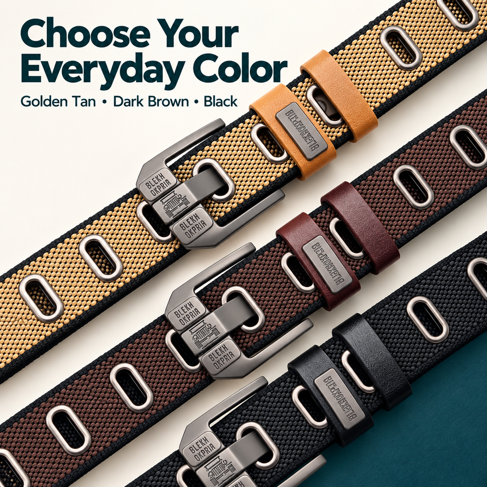 Canvas belt color options in Golden Tan, Dark Brown, and Black
