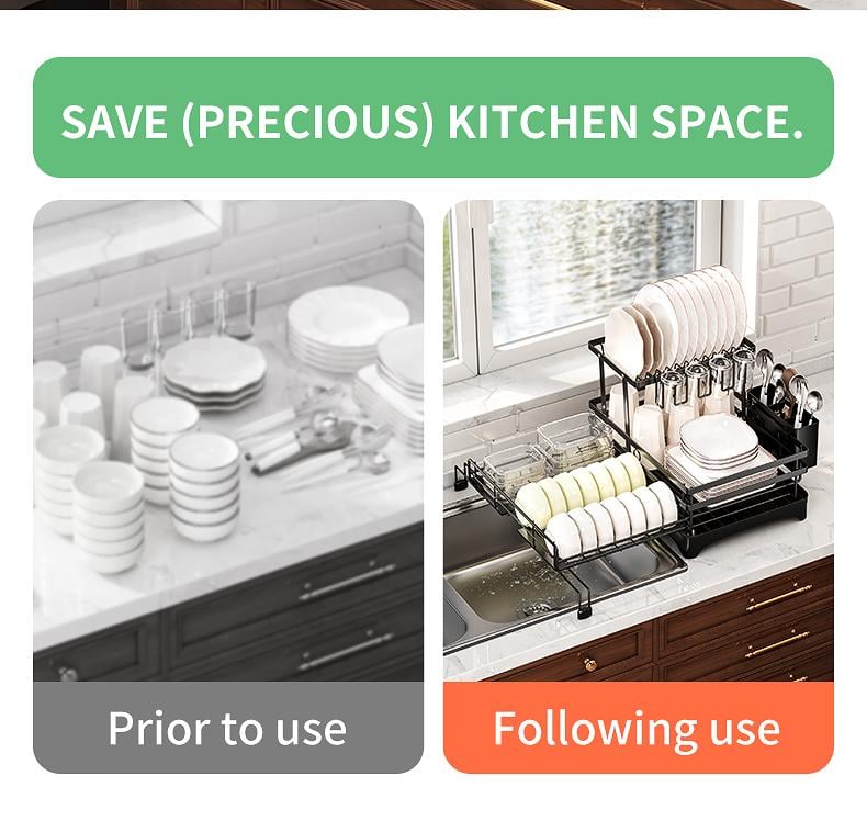 Foldable Over Sink Dish Drying Rack|Pull-Out 2-Tier Dish Drainer with Utensil Holder