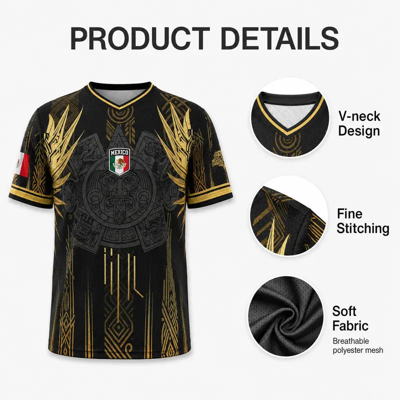 ✨Mexico Aztec Gold Soccer Jersey – Breathable Mesh Fan Shirt for Sports & Daily Wear