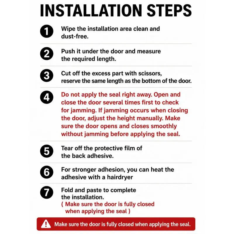 Detailed seven step installation instructions for door draft stopper