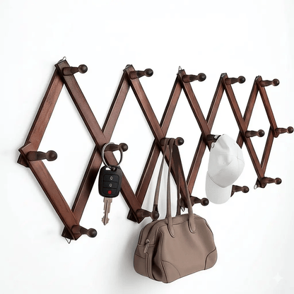Accordion Peg Rack | 16 Hooks Expandable Wall Rack for Hats, Coat, Tools | Multi-Purpose Wooden Organizer Holds/Hangers Caps, Bag & Hoodies | Space Saving Room/Garage/Entryway Storage Solution (Brown)