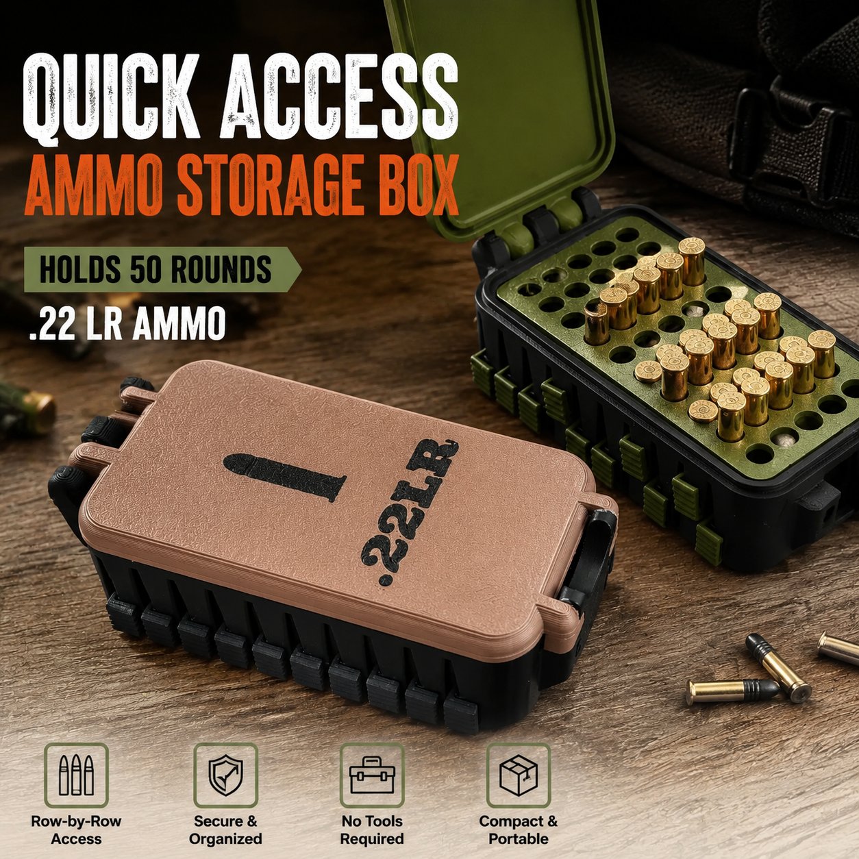 💥🔥Quick Access .22LR Ammo Storage Box – 50 Round Lift-Up Design Cartridge Organizer for Range & Storage