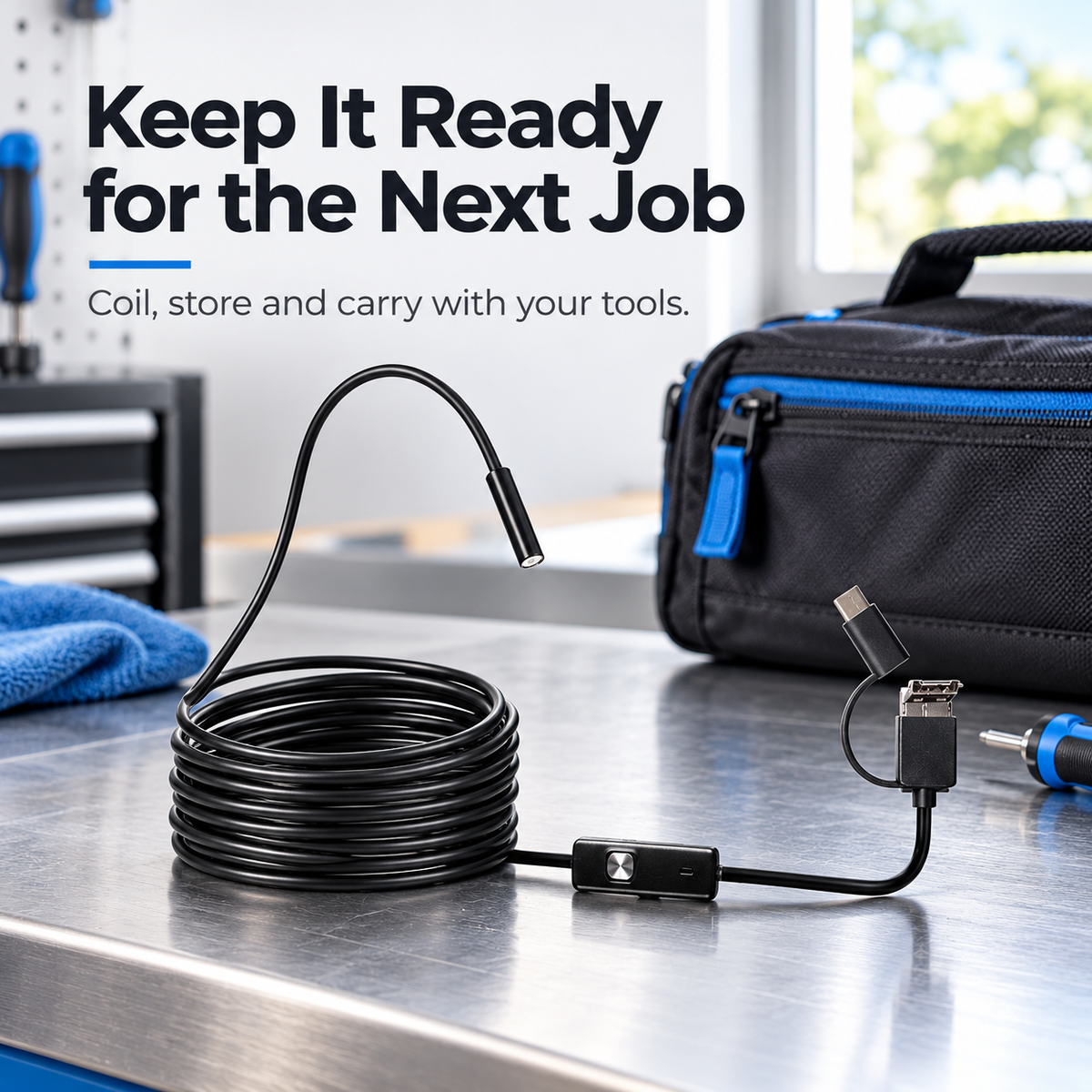 Endoscope camera product detail image showing the inspection cable and probe