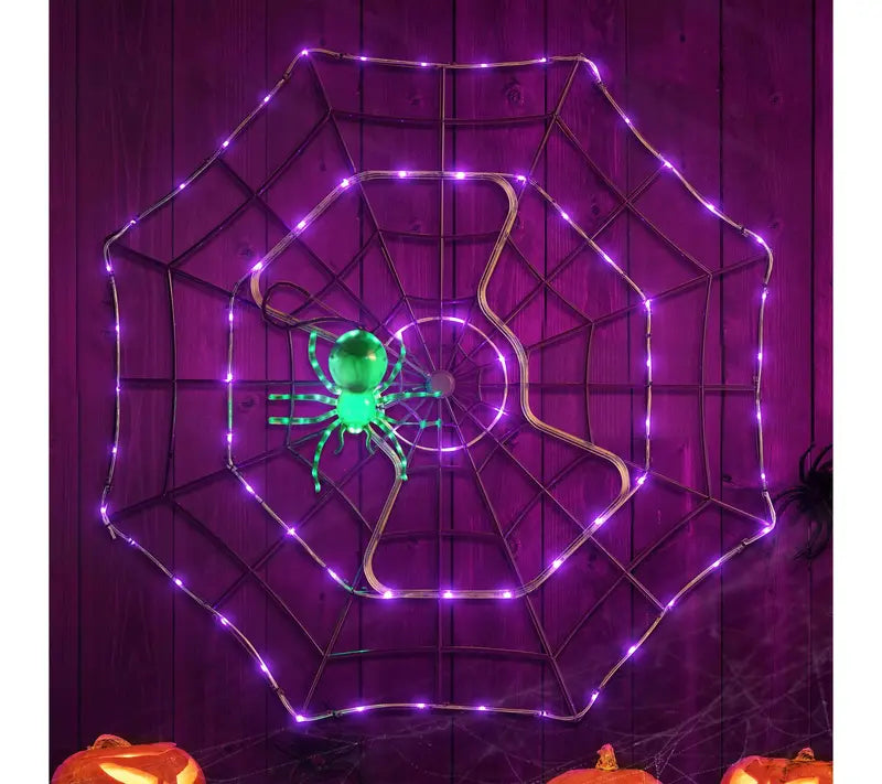 🎃 48" Giant Light-Up Spider Web with Glowing Green Spider