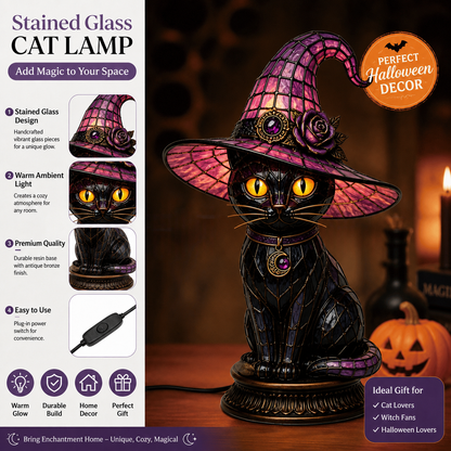 🔥Exclusive Limited Item 👍🔥50%OFF🐈 Gothic Stained Glass Witch Black Cat Table Lamp | Halloween Witch Hat Night Light Decor