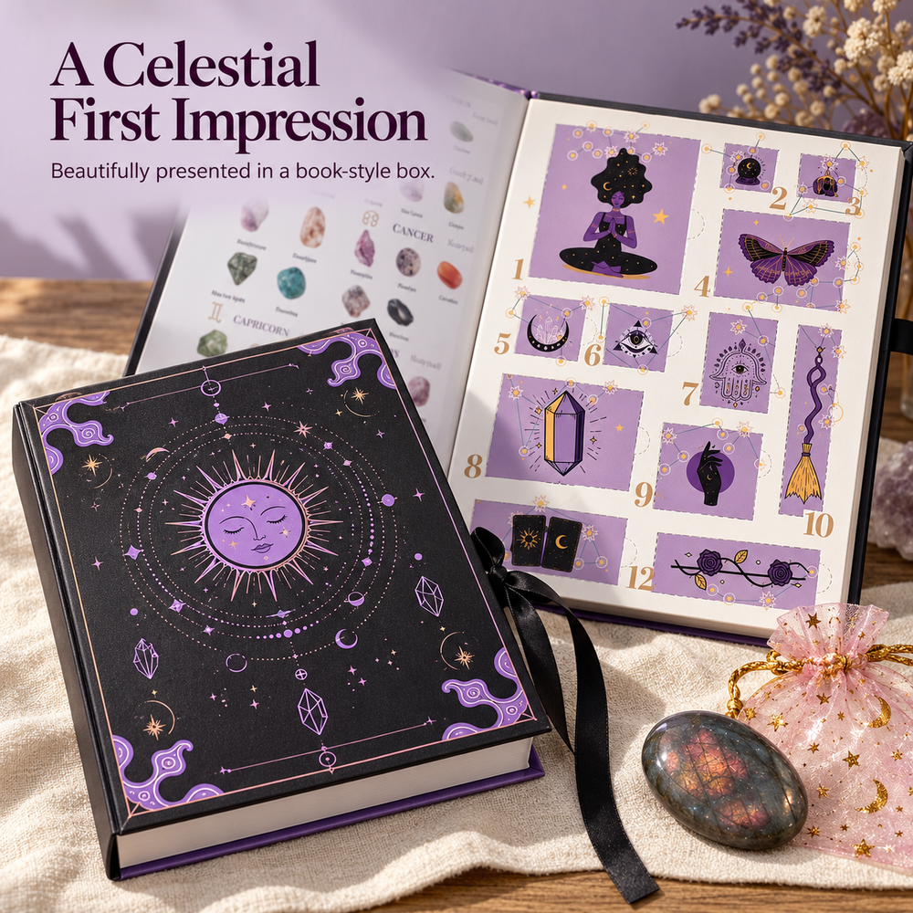 Purple celestial 12-day crystal advent calendar book-style gift box