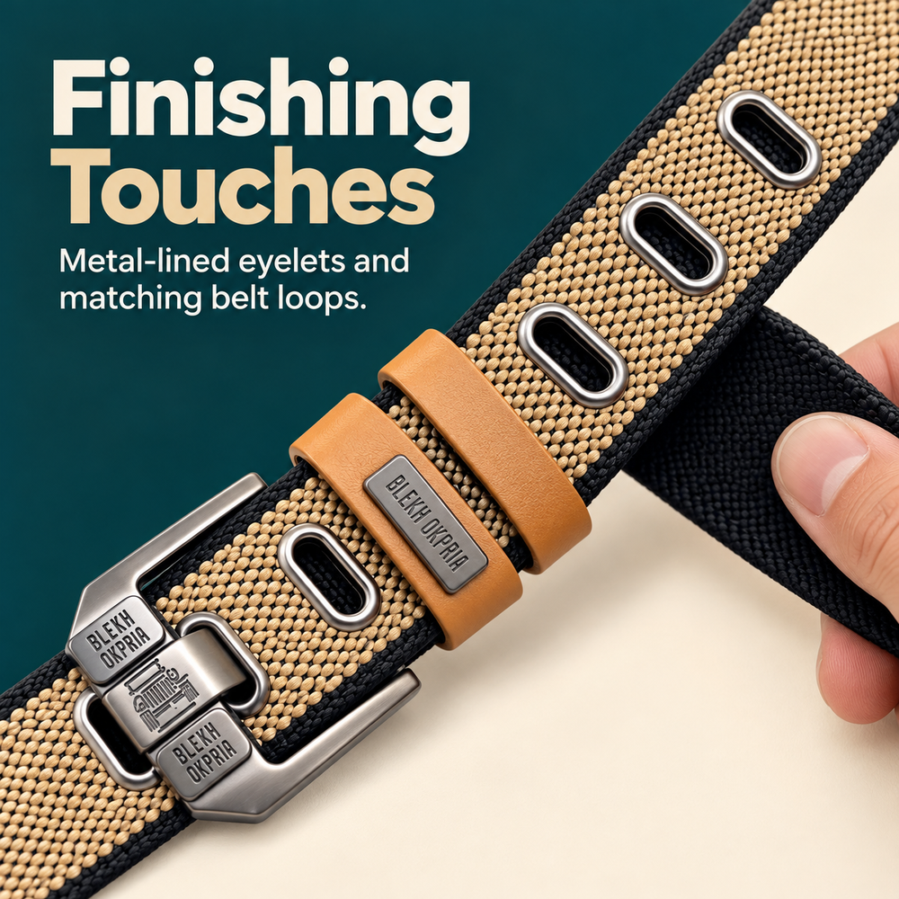 Close-up of the belt's metal-lined eyelets and matching keeper loops