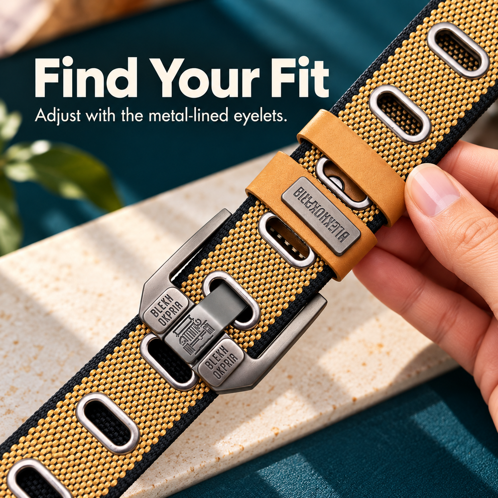Hand adjusting the canvas belt through a metal-lined eyelet